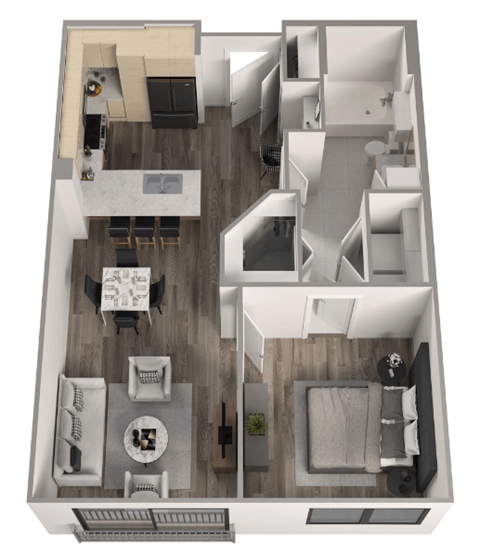 a 3d floor plan of a residence with a bedroom and living room
